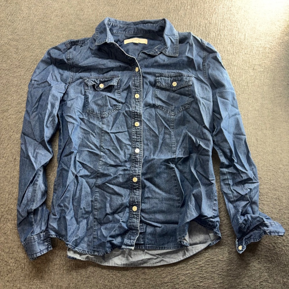 Ann Taylor Loft Denim Chambray Shirt Womens Medium Blue Long Sleeve Button Down